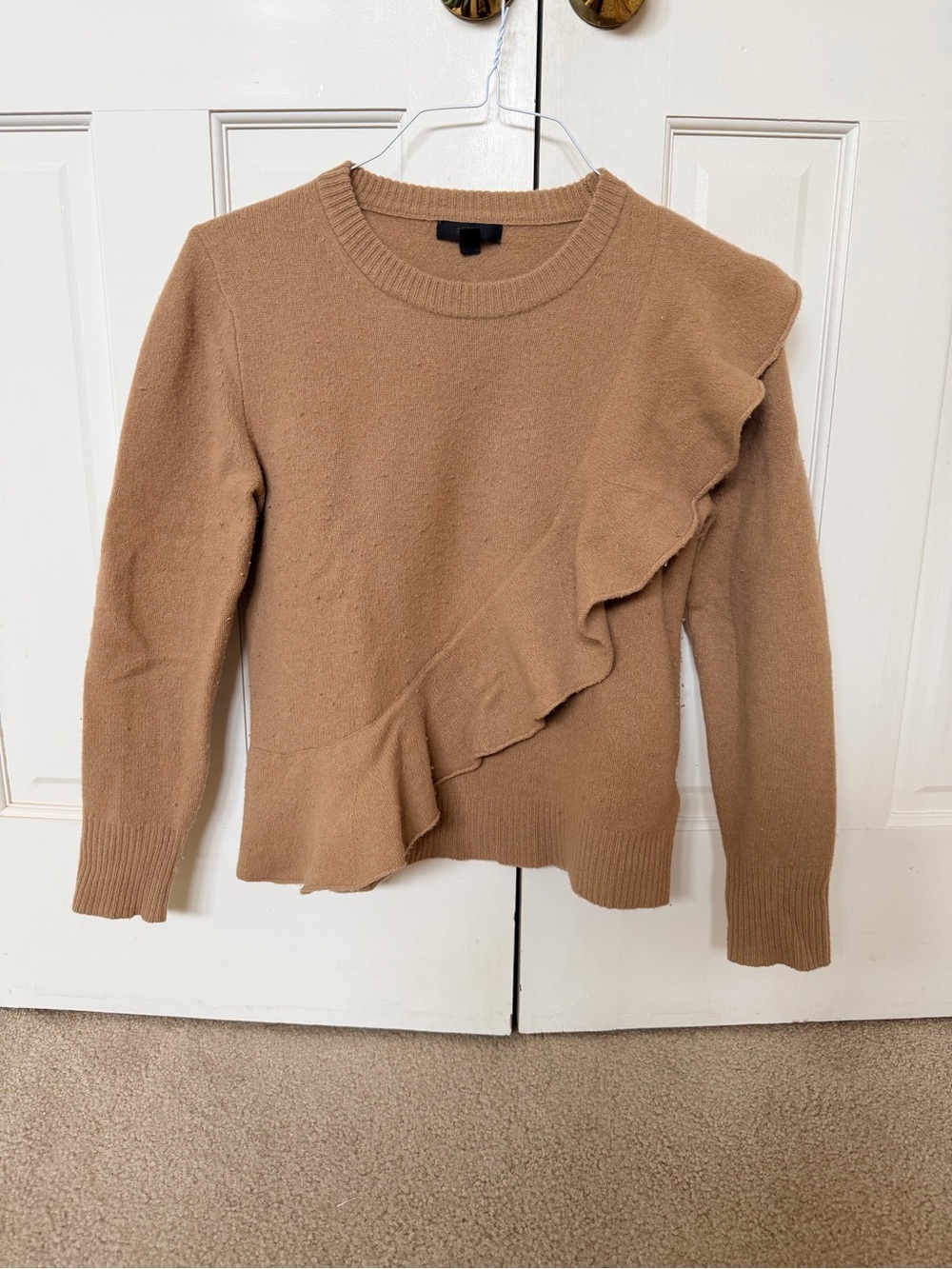 J. Crew Camel Ruffle-Detail Crewneck Sweater